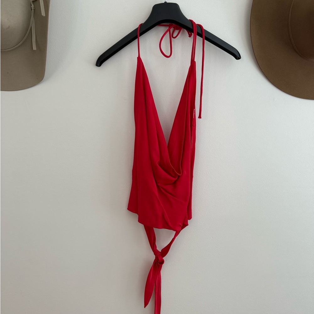 Zara Red Silk Halter Tie-Back Top
